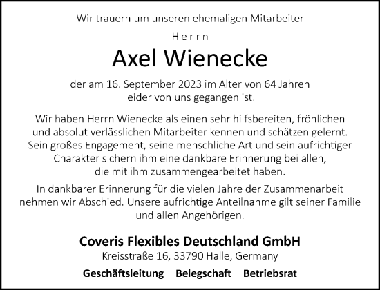 Traueranzeige von Axel Wienecke von Neue Westfälische