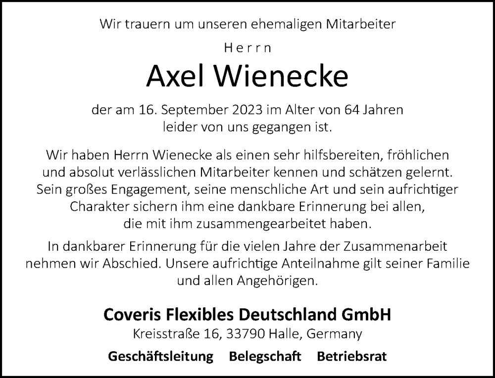  Traueranzeige für Axel Wienecke vom 19.09.2023 aus Neue Westfälische