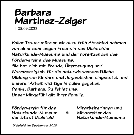 Traueranzeige von Barbara Martinez-Zeiger von Neue Westfälische
