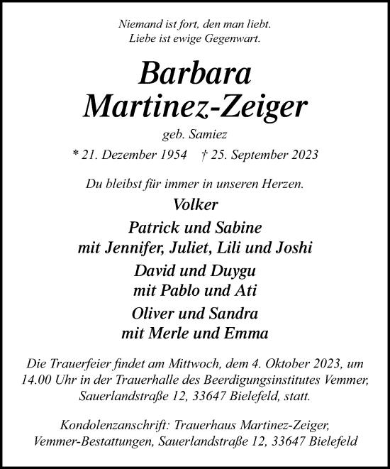 Traueranzeige von Barbara Martinez-Zeiger von Neue Westfälische