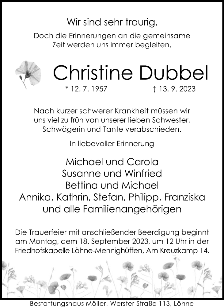  Traueranzeige für Christine Dubbel vom 15.09.2023 aus Neue Westfälische