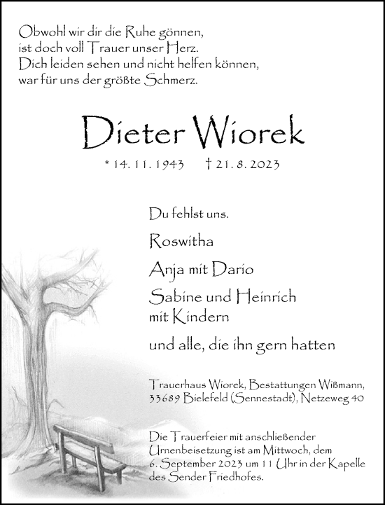Traueranzeige von Dieter Wiorek von Neue Westfälische