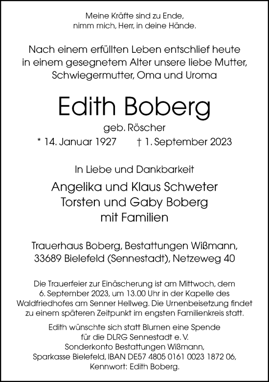 Traueranzeige von Edith Boberg von Neue Westfälische
