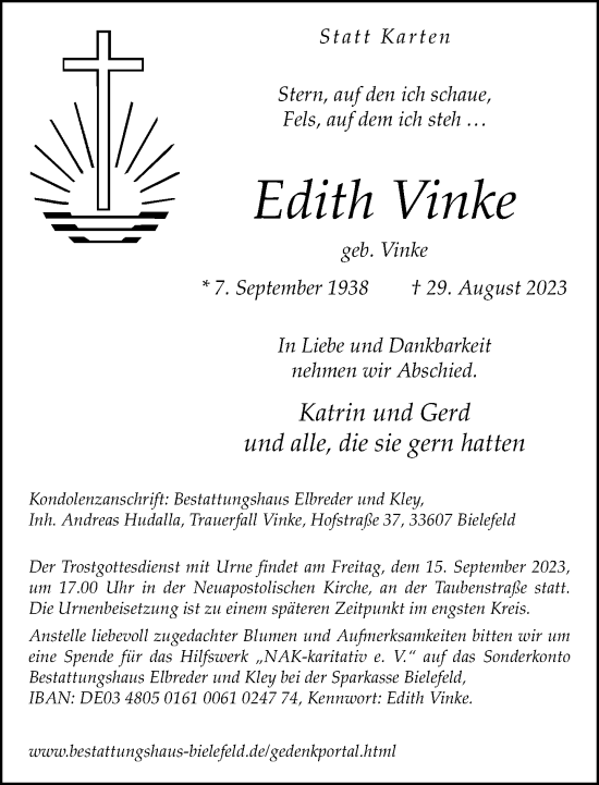 Traueranzeige von Edith Vinke von Neue Westfälische