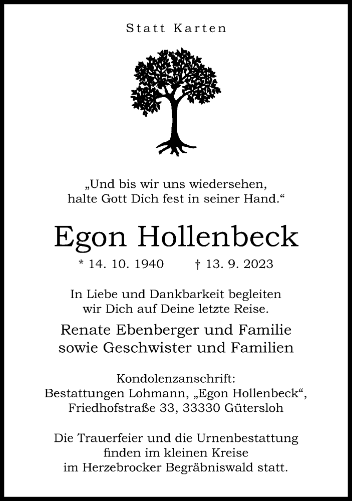  Traueranzeige für Egon Hollenbeck vom 20.09.2023 aus Neue Westfälische