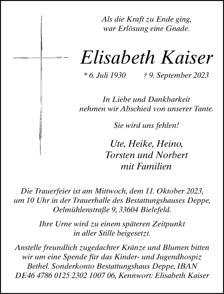  Traueranzeige für Elisabeth Kaiser vom 16.09.2023 aus Neue Westfälische