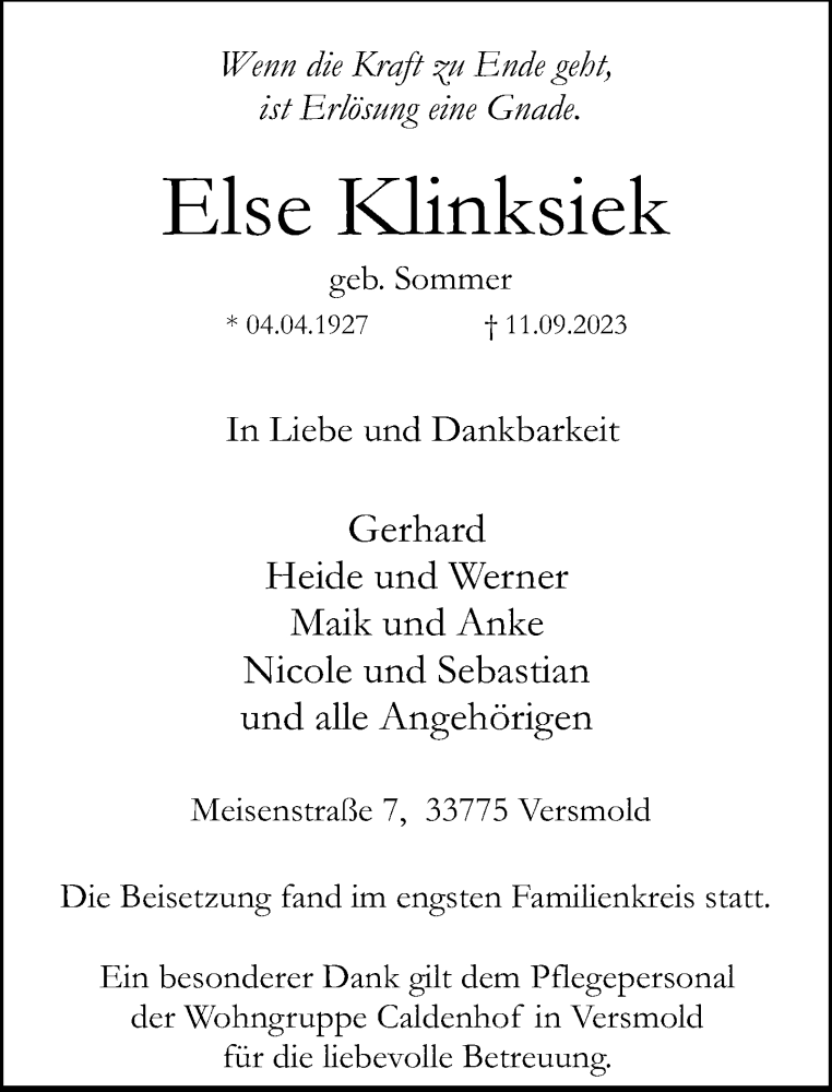  Traueranzeige für Else Klinksiek vom 19.09.2023 aus Neue Westfälische