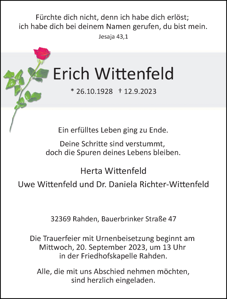  Traueranzeige für Erich Wittenfeld vom 15.09.2023 aus Neue Westfälische