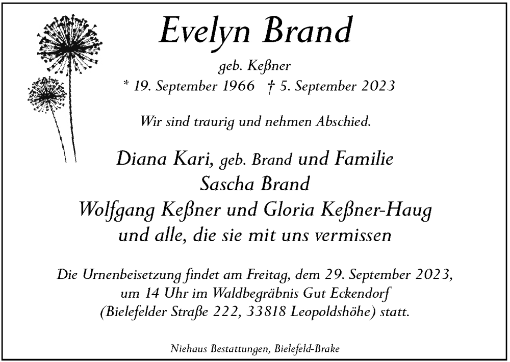  Traueranzeige für Evelyn Brand vom 19.09.2023 aus Neue Westfälische