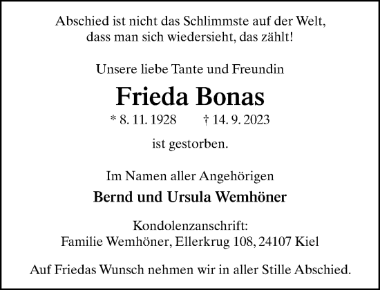 Traueranzeige von Frieda Bonas von Neue Westfälische