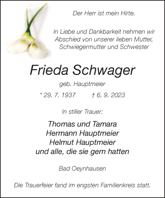 Traueranzeige von Frieda Schwager