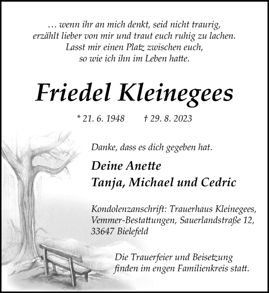 Traueranzeige von Friedel Kleinegees von Neue Westfälische