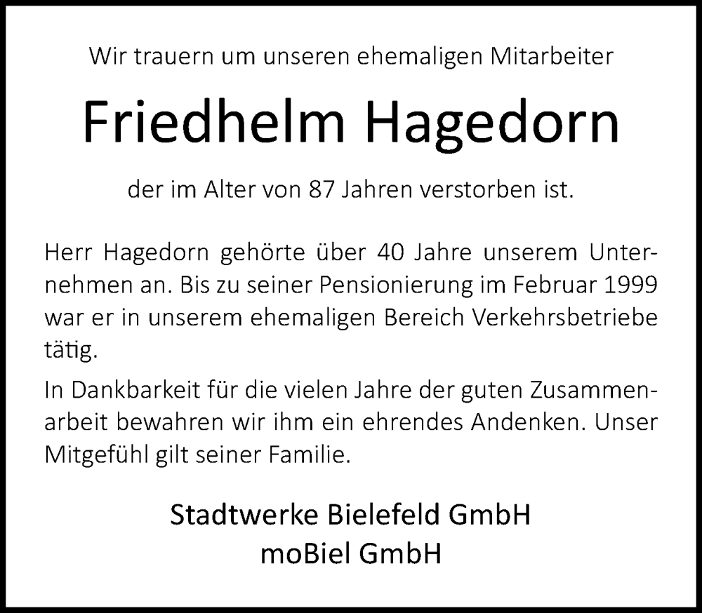  Traueranzeige für Friedhelm Hagedorn vom 19.09.2023 aus Neue Westfälische
