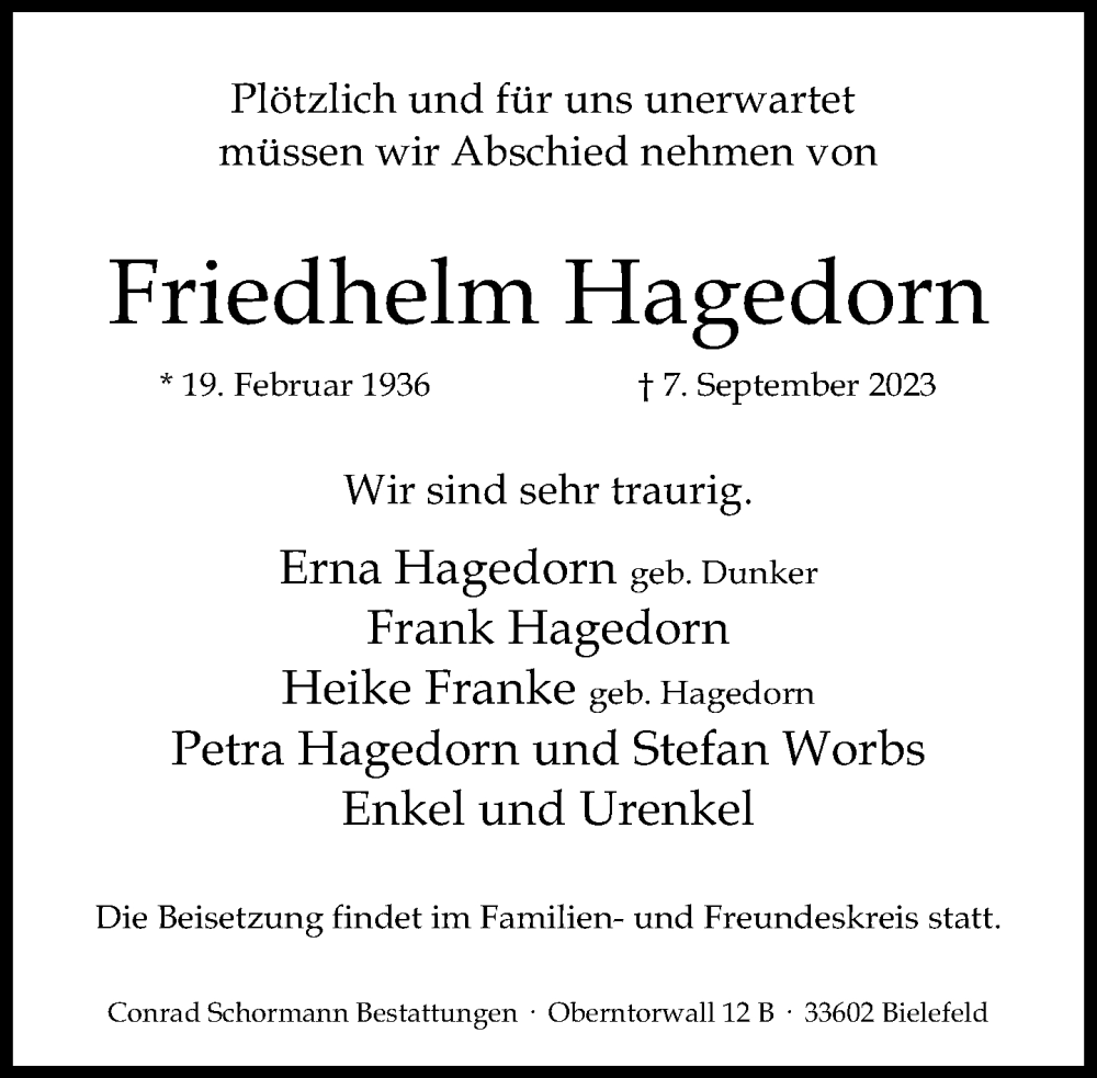  Traueranzeige für Friedhelm Hagedorn vom 09.09.2023 aus Neue Westfälische