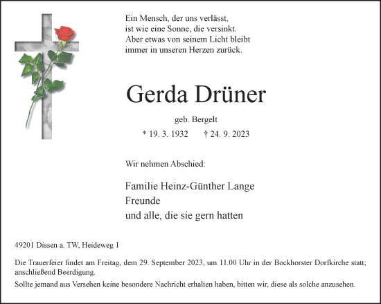 Traueranzeige von Gerda Drüner von Neue Westfälische
