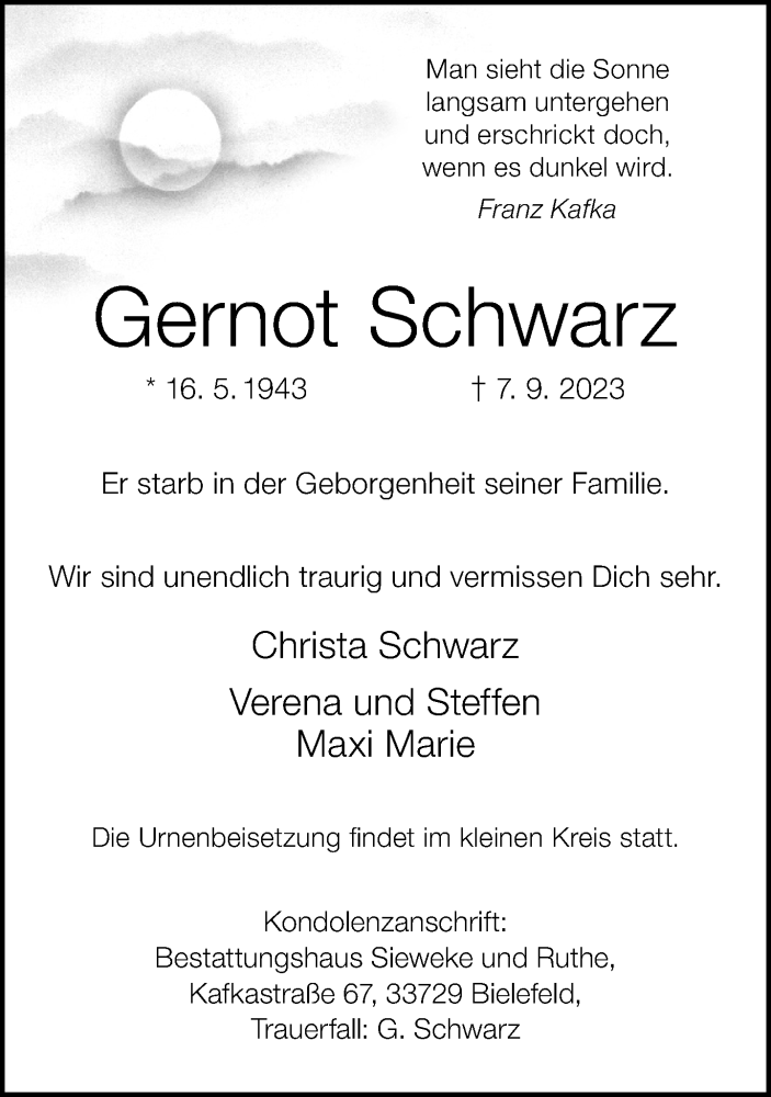 Traueranzeige für Gernot Schwarz vom 16.09.2023 aus Neue Westfälische