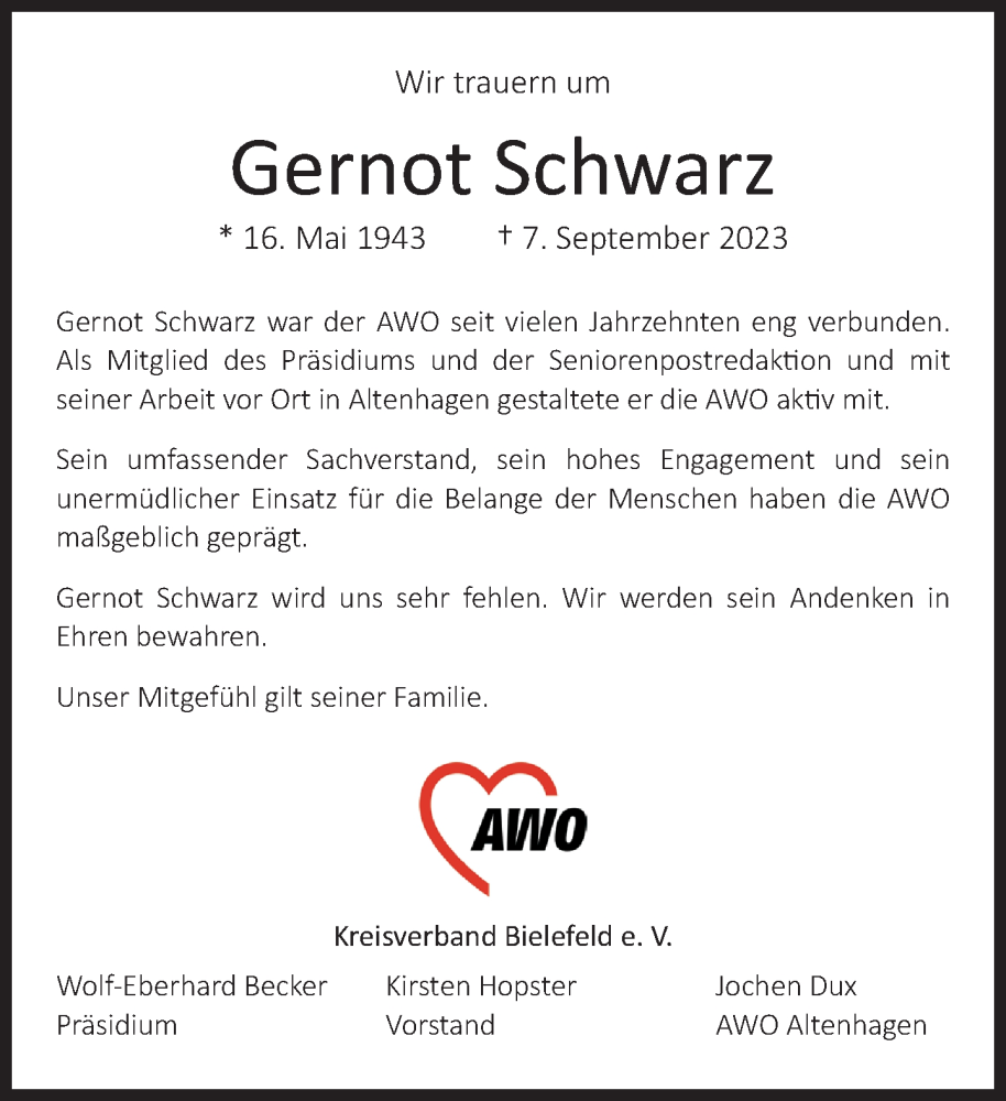  Traueranzeige für Gernot Schwarz vom 20.09.2023 aus Neue Westfälische