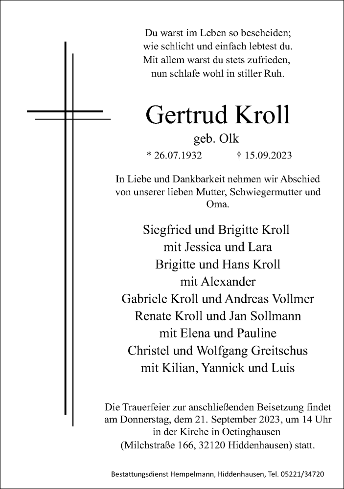  Traueranzeige für Gertrud Kroll vom 19.09.2023 aus Neue Westfälische