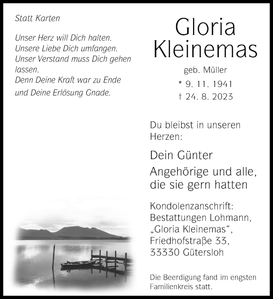 Traueranzeige von Gloria Kleinemas von Neue Westfälische