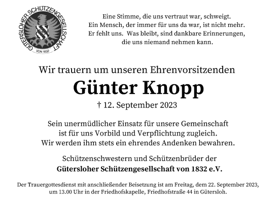 Traueranzeige von Günter Knopp von Neue Westfälische