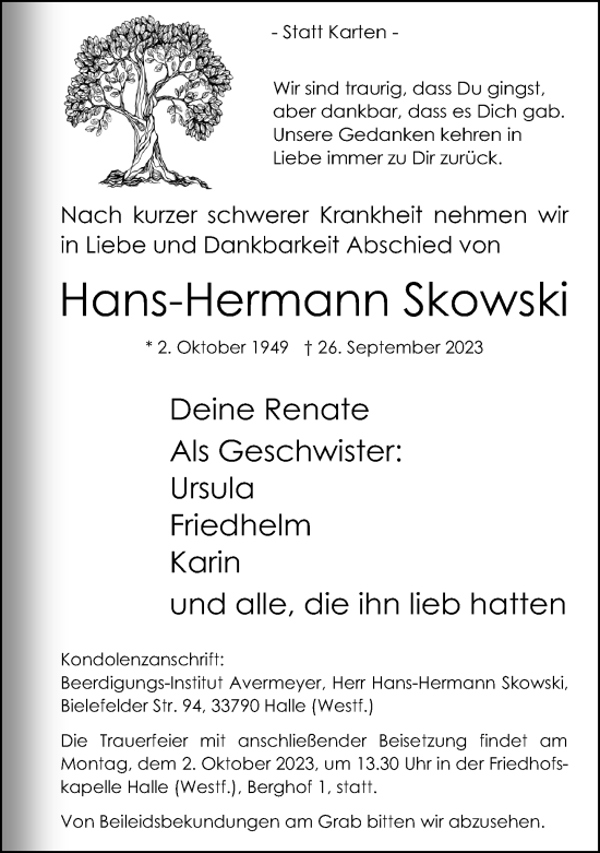 Traueranzeige von Hans-Hermann Skowski von Neue Westfälische