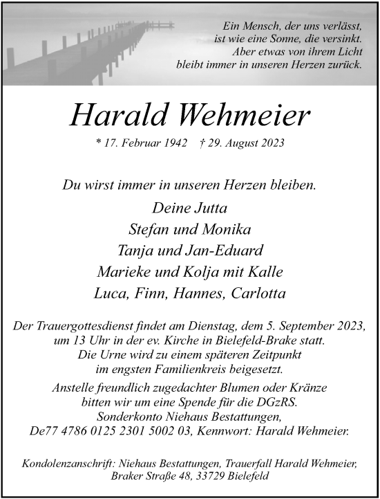 Traueranzeige von Harald Wehmeier von Neue Westfälische