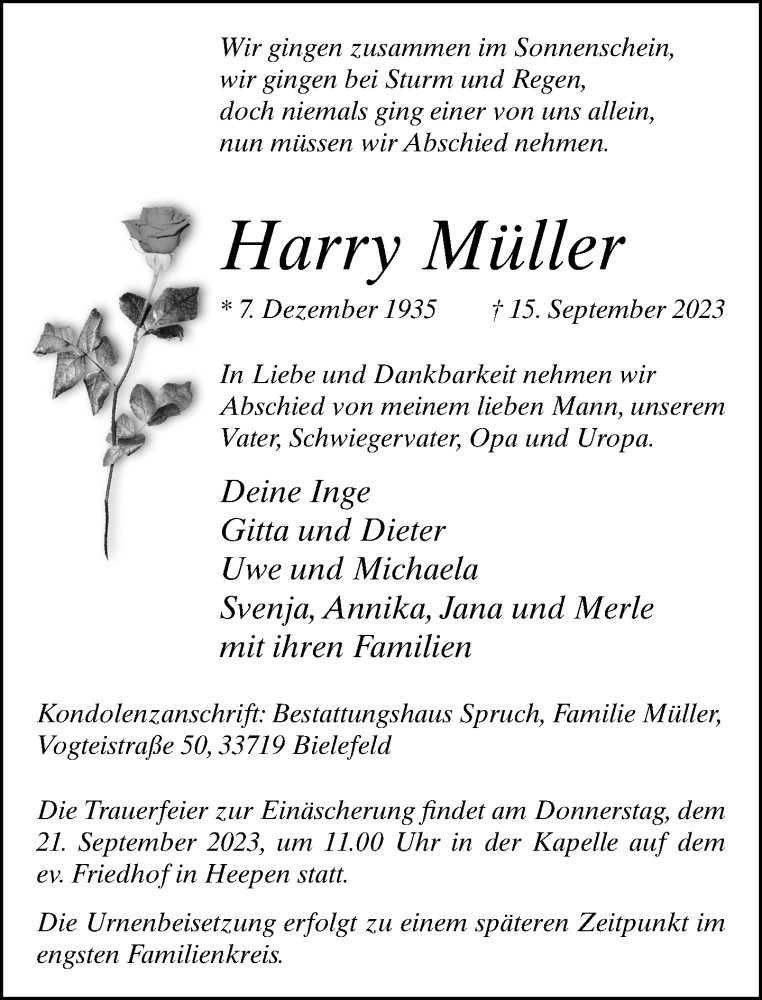  Traueranzeige für Harry Müller vom 19.09.2023 aus Neue Westfälische