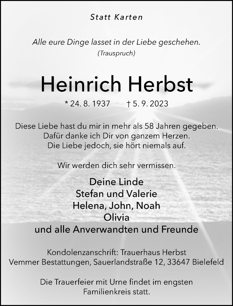  Traueranzeige für Heinrich Herbst vom 09.09.2023 aus Neue Westfälische