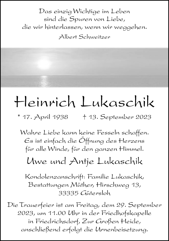  Traueranzeige für Heinrich Lukaschik vom 20.09.2023 aus Neue Westfälische
