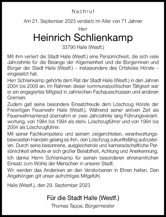 Traueranzeige von Heinrich Schlienkamp von Neue Westfälische