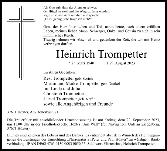 Traueranzeige von Heinrich Trompetter von Neue Westfälische