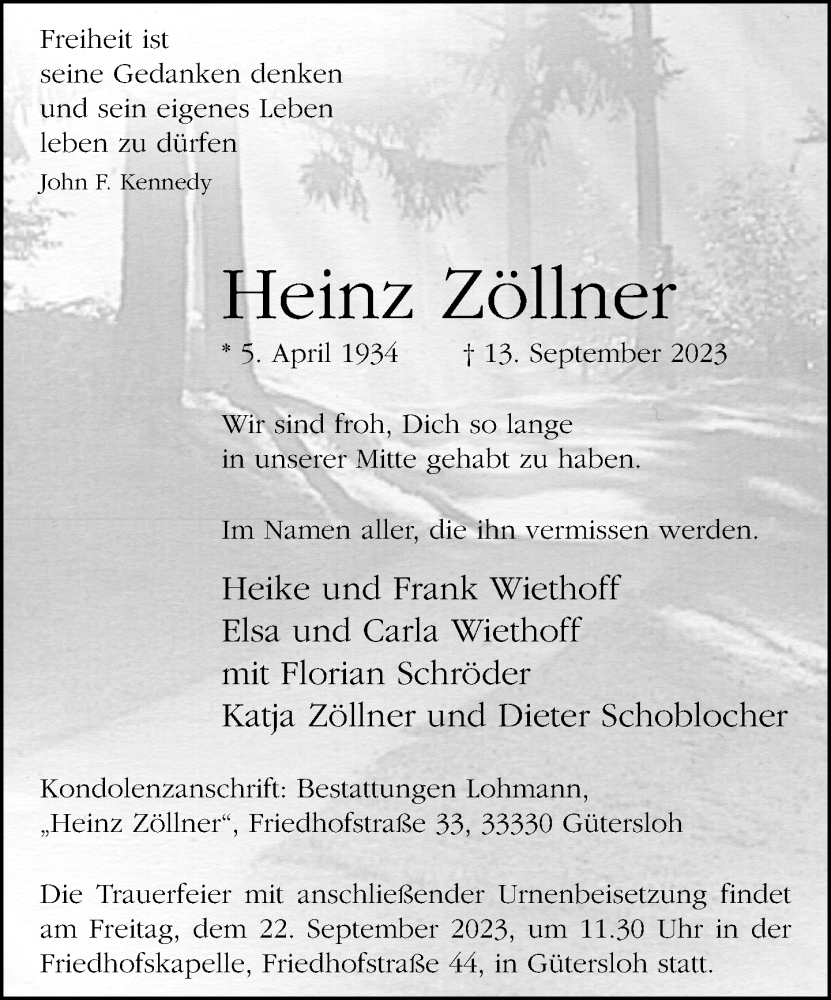  Traueranzeige für Heinz Zöllner vom 16.09.2023 aus Neue Westfälische