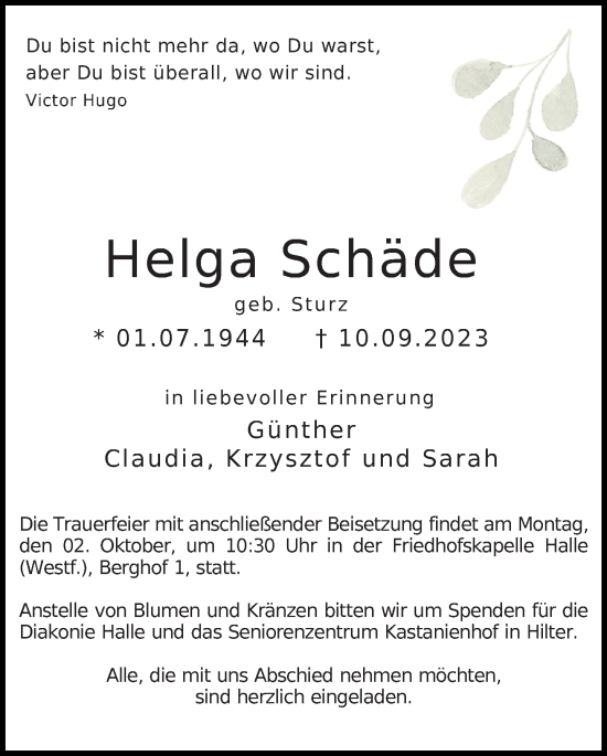 Traueranzeige von Helga Schäde von Neue Westfälische