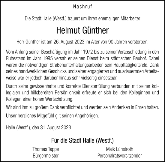 Traueranzeige von Helmut Günther von Neue Westfälische