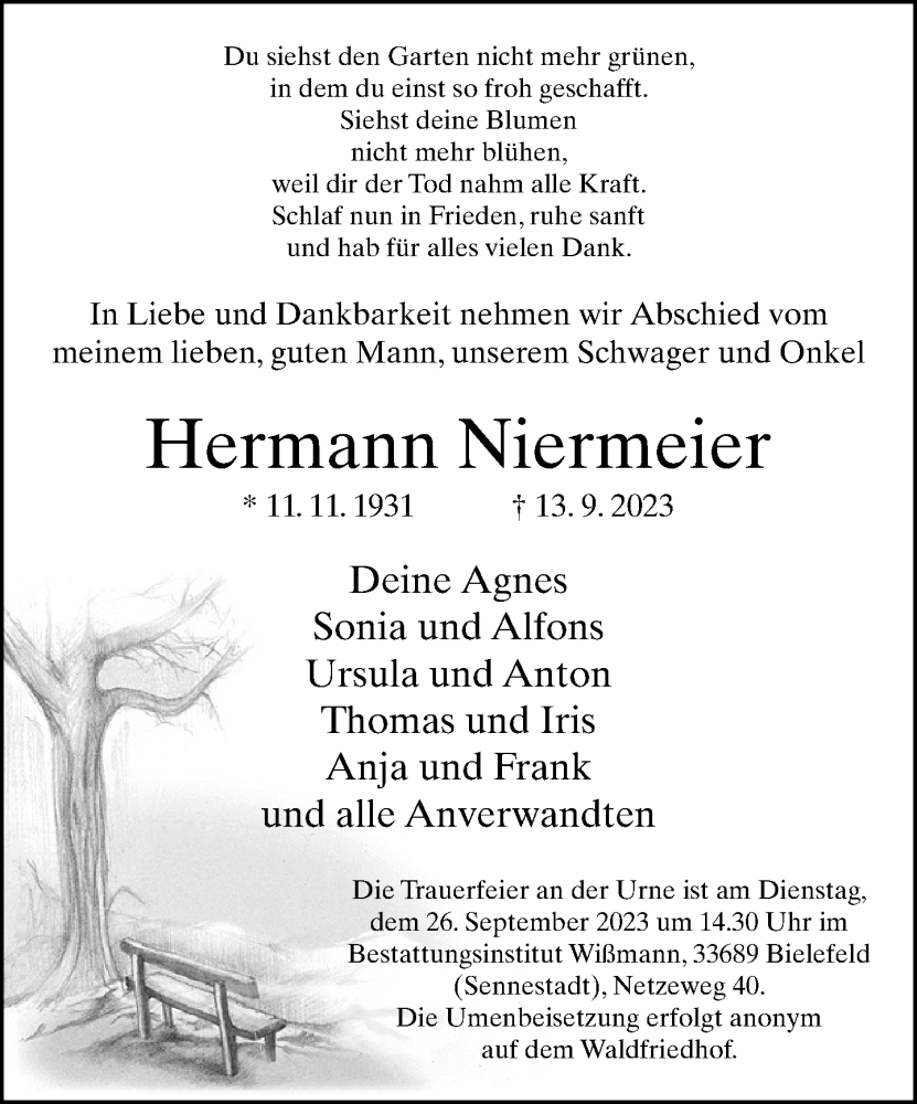  Traueranzeige für Hermann Niermeier vom 16.09.2023 aus Neue Westfälische