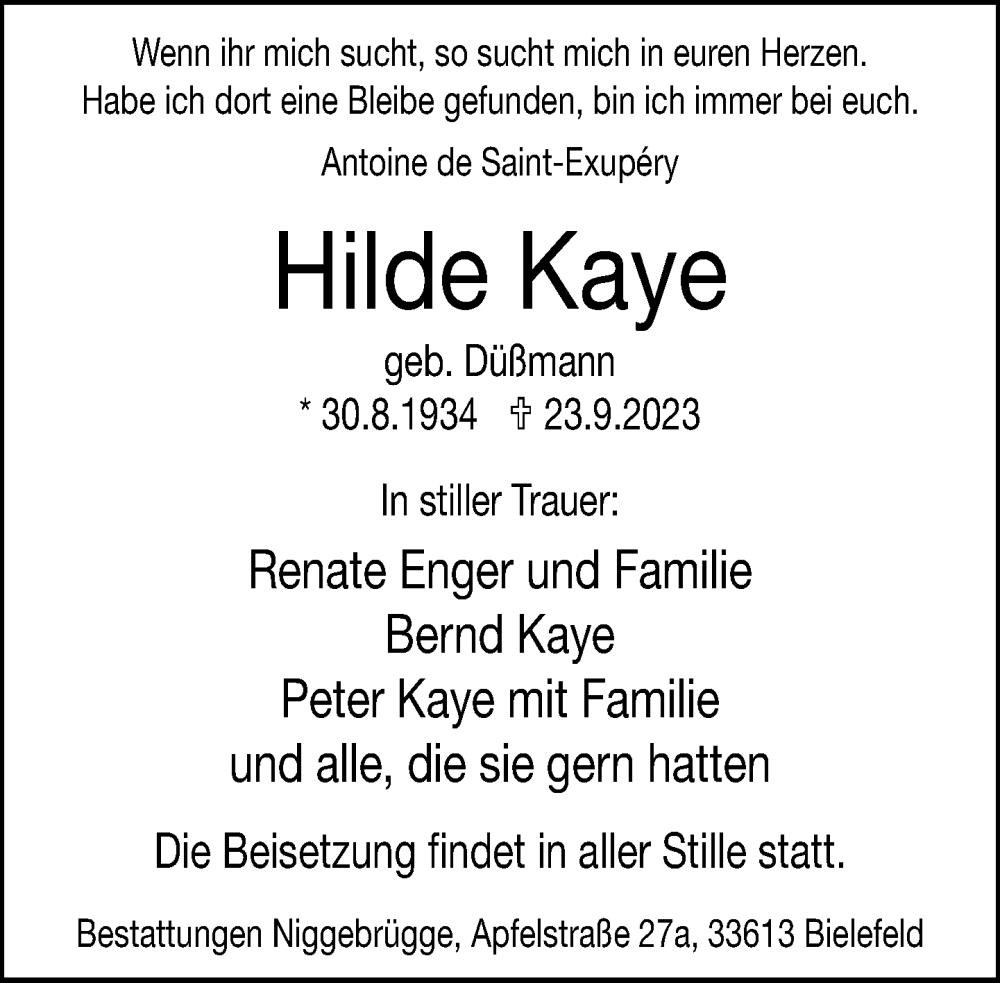  Traueranzeige für Hilde Kaye vom 30.09.2023 aus Neue Westfälische