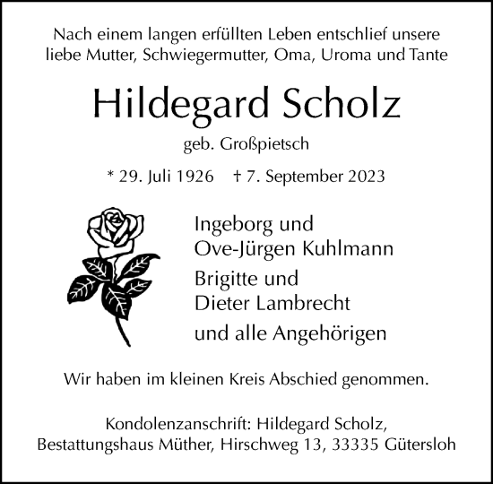 Traueranzeige von Hildegard Scholz von Neue Westfälische