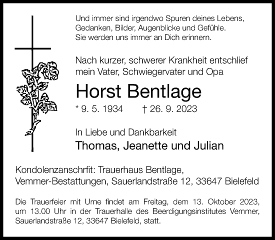 Traueranzeige von Horst Bentlage von Neue Westfälische