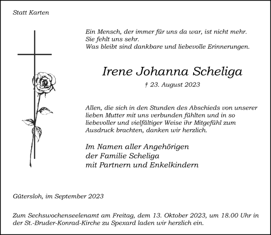 Traueranzeige von Irene Johanna Scheliga von Neue Westfälische