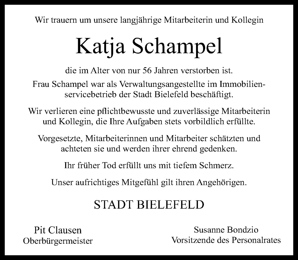  Traueranzeige für Katja Schampel vom 23.09.2023 aus Neue Westfälische