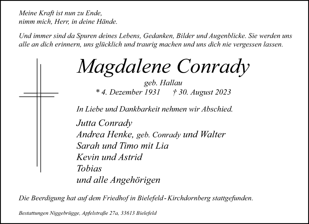  Traueranzeige für Magdalene Conrady vom 09.09.2023 aus Neue Westfälische