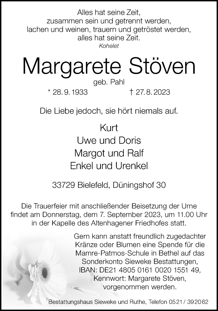  Traueranzeige für Margarete Stöven vom 02.09.2023 aus Neue Westfälische
