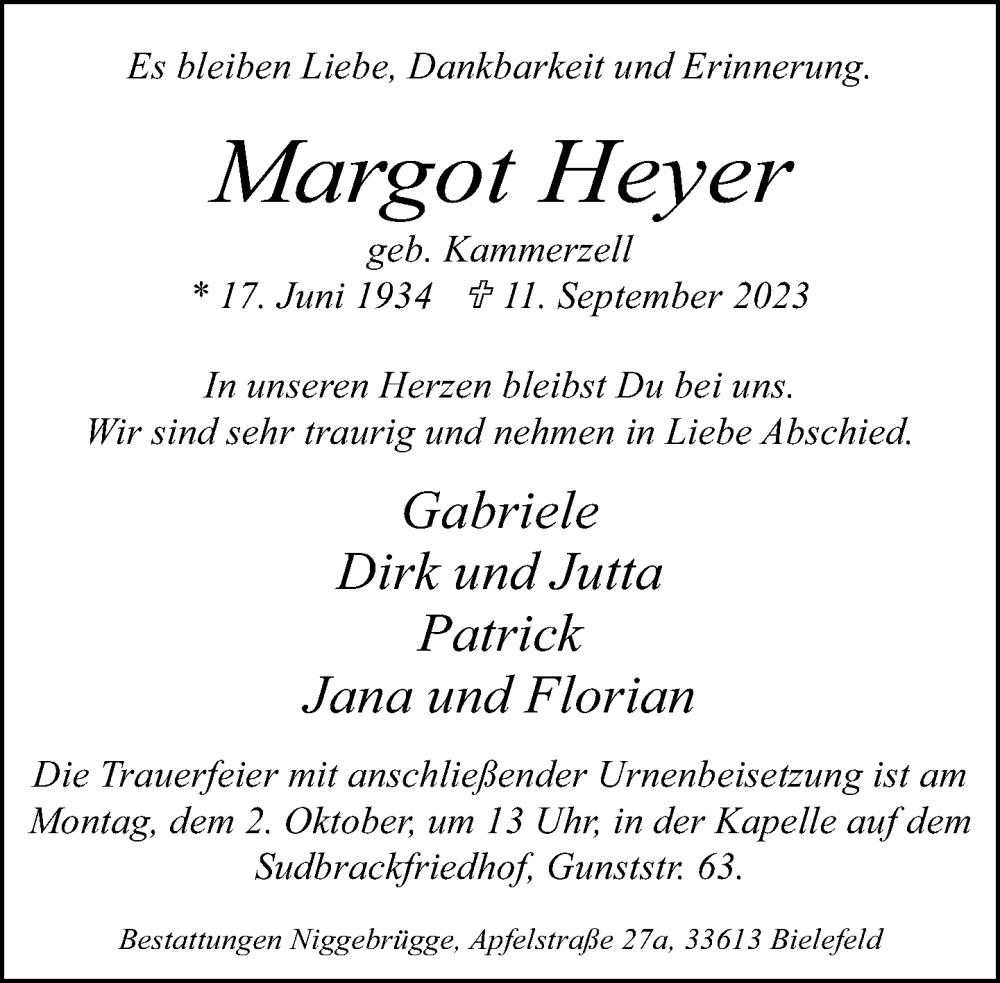  Traueranzeige für Margot Heyer vom 27.09.2023 aus Neue Westfälische