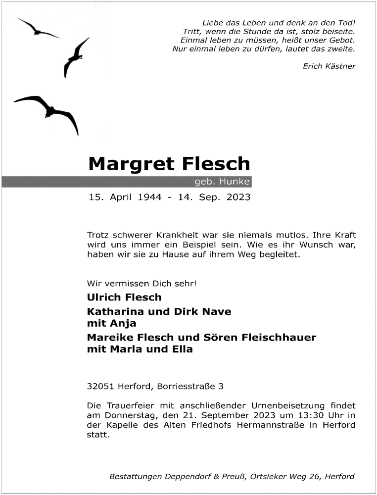  Traueranzeige für Margret Flesch vom 16.09.2023 aus Neue Westfälische