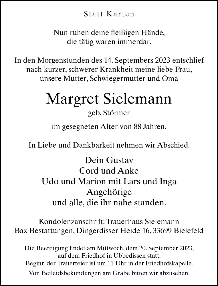  Traueranzeige für Margret Sielemann vom 16.09.2023 aus Neue Westfälische