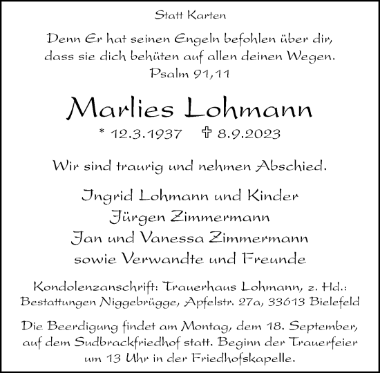 Traueranzeige von Marlies Lohmann von Neue Westfälische