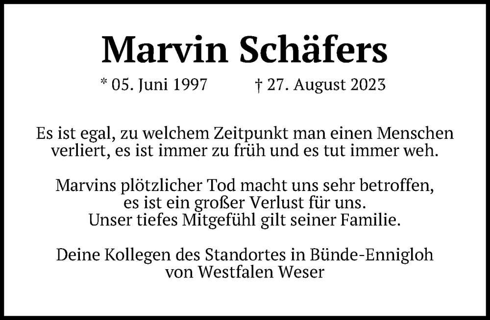  Traueranzeige für Marvin Schäfers vom 09.09.2023 aus Neue Westfälische