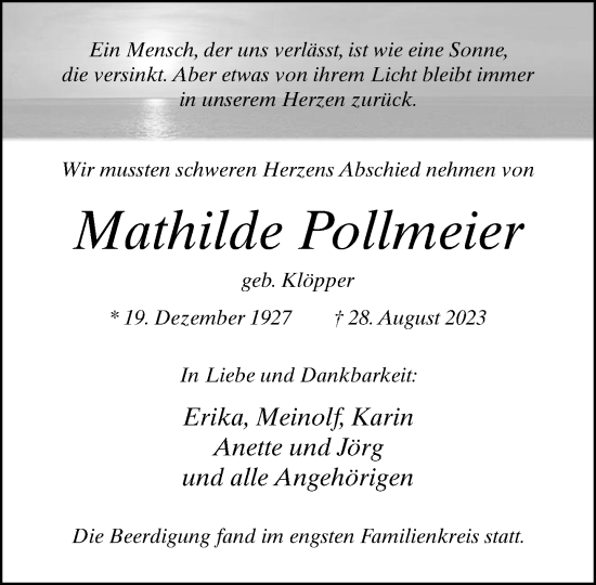 Traueranzeige von Mathilde Pollmeier von Neue Westfälische