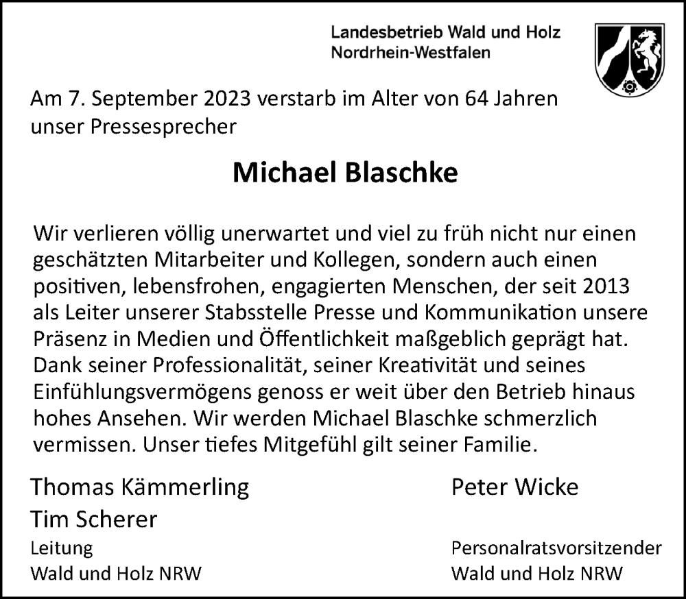  Traueranzeige für Michael Blaschke vom 13.09.2023 aus Neue Westfälische