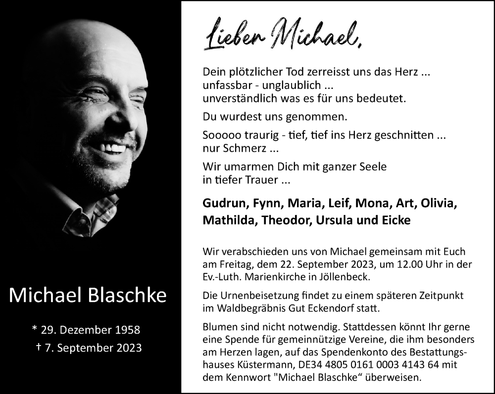  Traueranzeige für Michael Blaschke vom 13.09.2023 aus Neue Westfälische